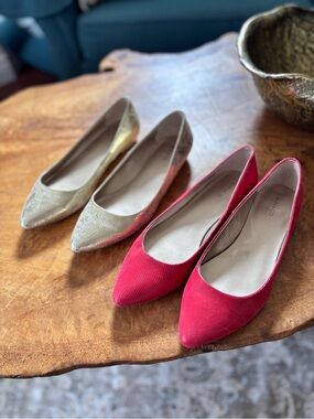 RW&CO. Pointed-Toe Ballet Flats in Gold and Red (Two Pairs)